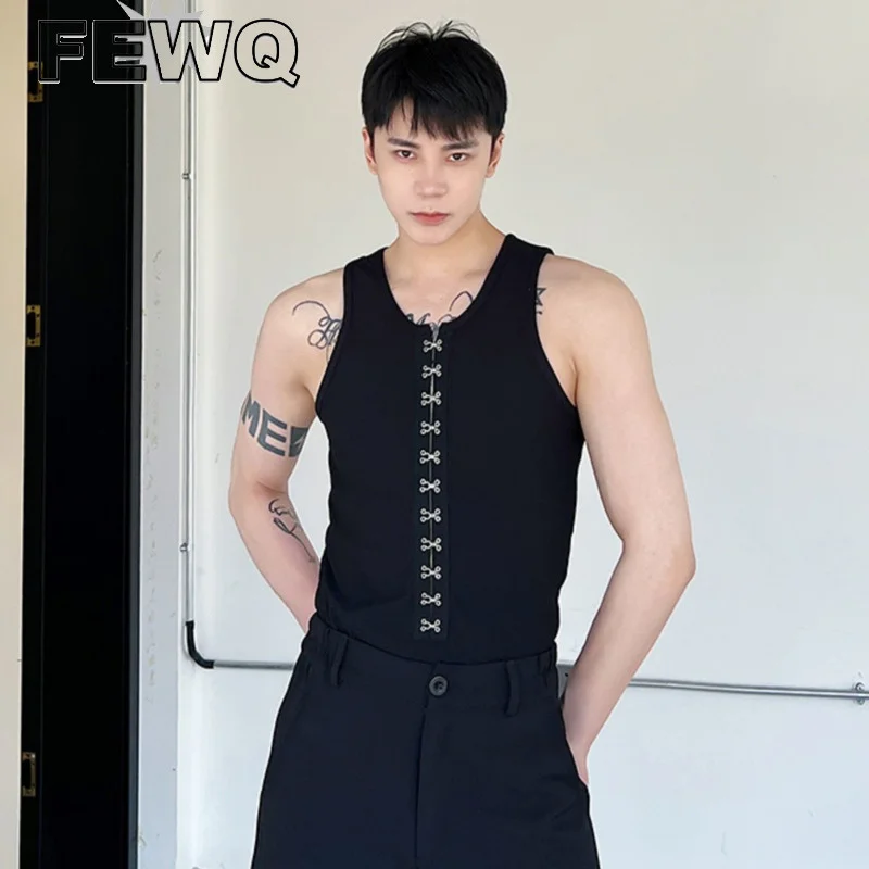 

FEWQ Summer Men's Vest Personalized Metal Button Decorative Slim Top Fashion 2023 Solid Color Round Neck Simple Male Tops