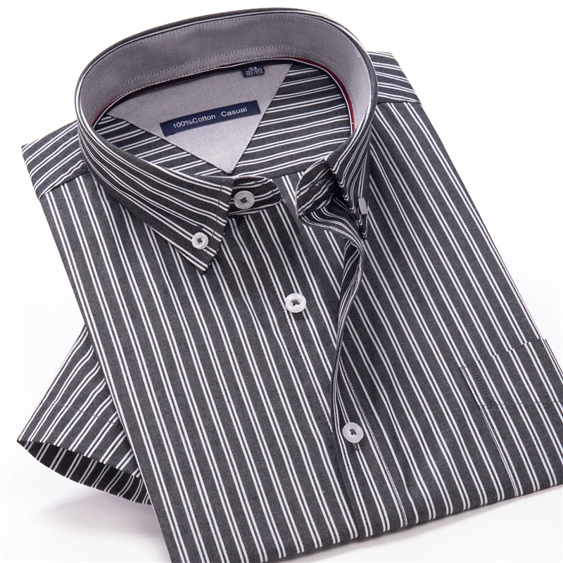 

VROKINO brand 100% cotton plaid short-sleeved shirt Men's summer casual loose striped shirt Oversized Lapel Summer Top