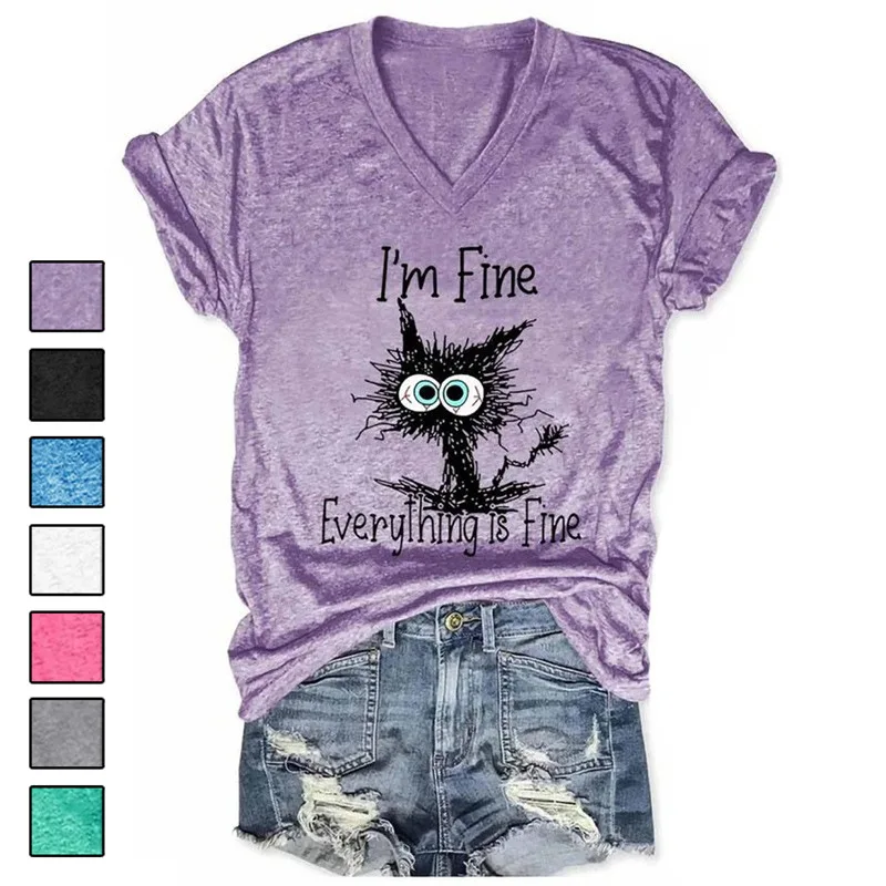 

European and American Short Sleeve Black Cat Print Pullover Loose T-shirt Amazon EBay Pleated V-neck Women's Tops Wholesale