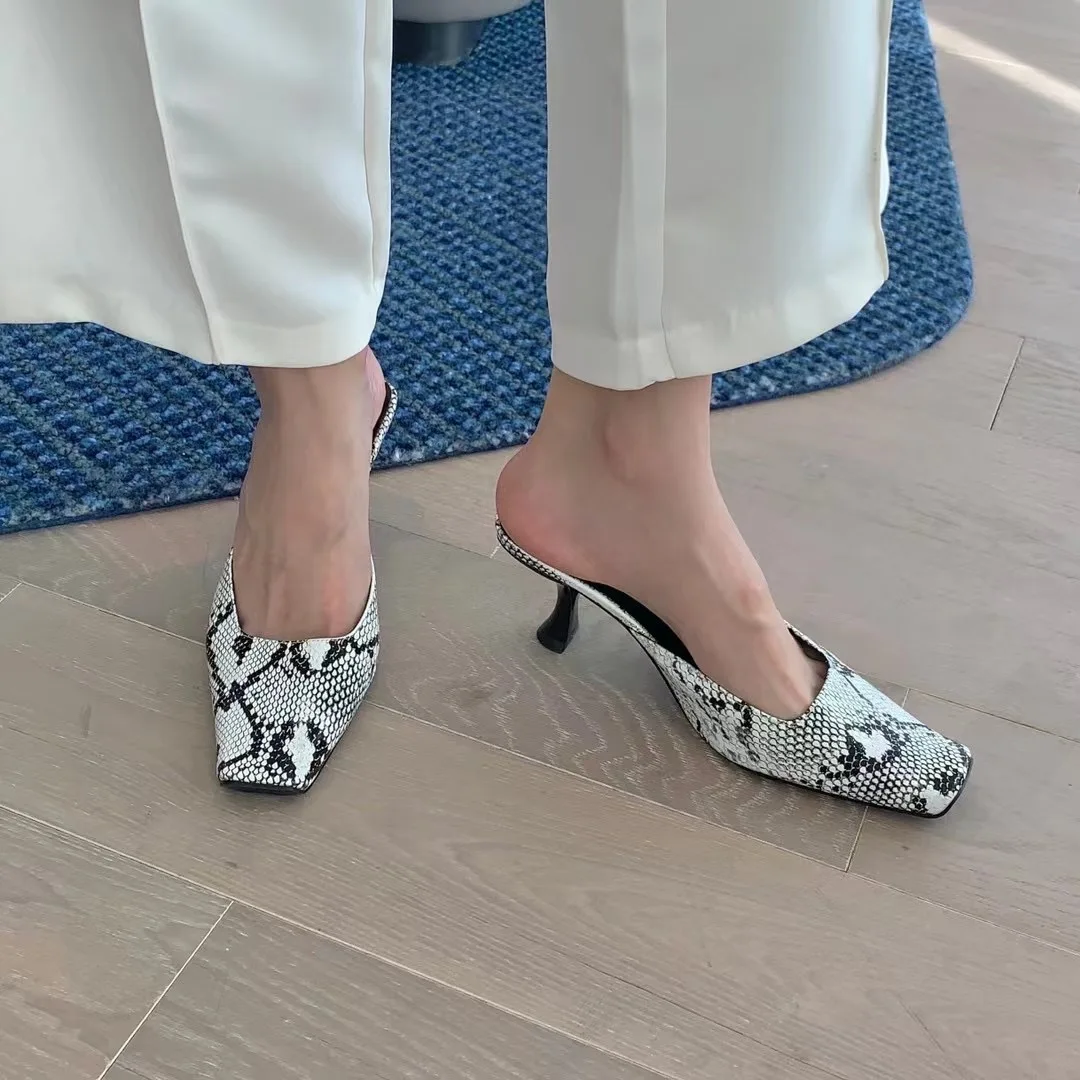 

Square Toe Women Slippers Snake Printed Thin High Heels Shallow Slip On Party Pumps Sexy Slides Dress Shoes Outdoor Slippers