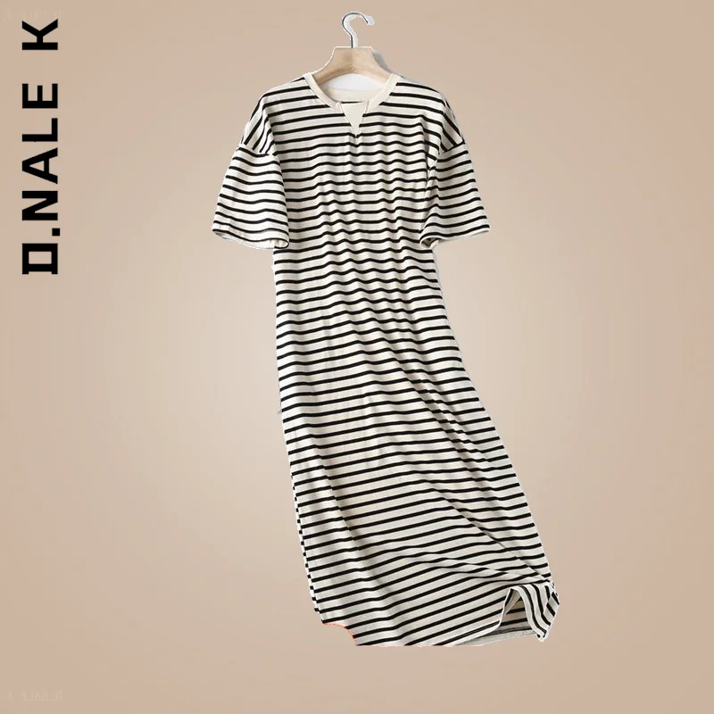 

D.Nale K High Quality Striped Print Cotton Midi Dress 2022 Summer Women Side Pocket Short Sleeve Ladies Sundress