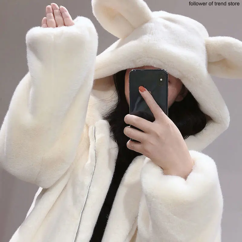 Autumn  Winter 2022  Fur Coat Cute Girl Faux Fur Jacket  Little Bear Ears Plush Thickened Loose Medium Length Hooded Coat Women
