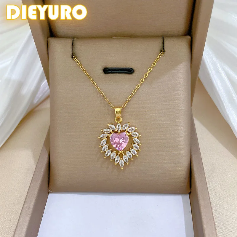 DIEYURO нержавеющая сталь 316L розовое сердце циркон свет роскошное ожерелье для