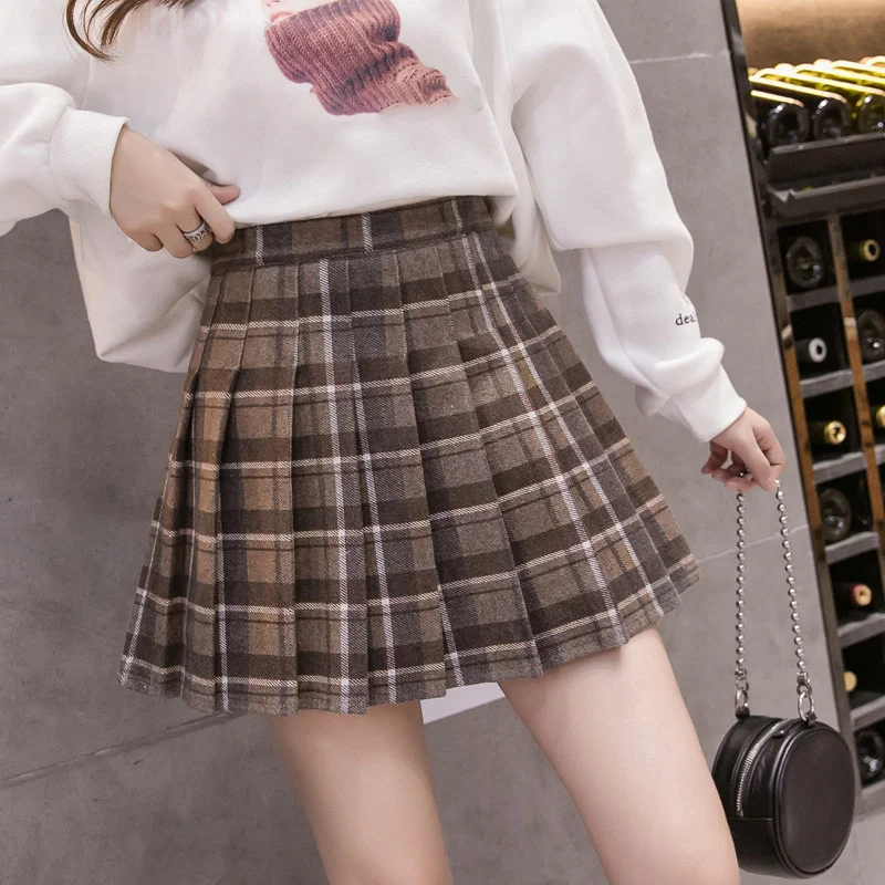 

Women's Plaid Pleated Woolen A-line Mini Skirt High Waist Sweet Female Short Skirts 2022 Summer Spring Girls Preppy Style Skirt