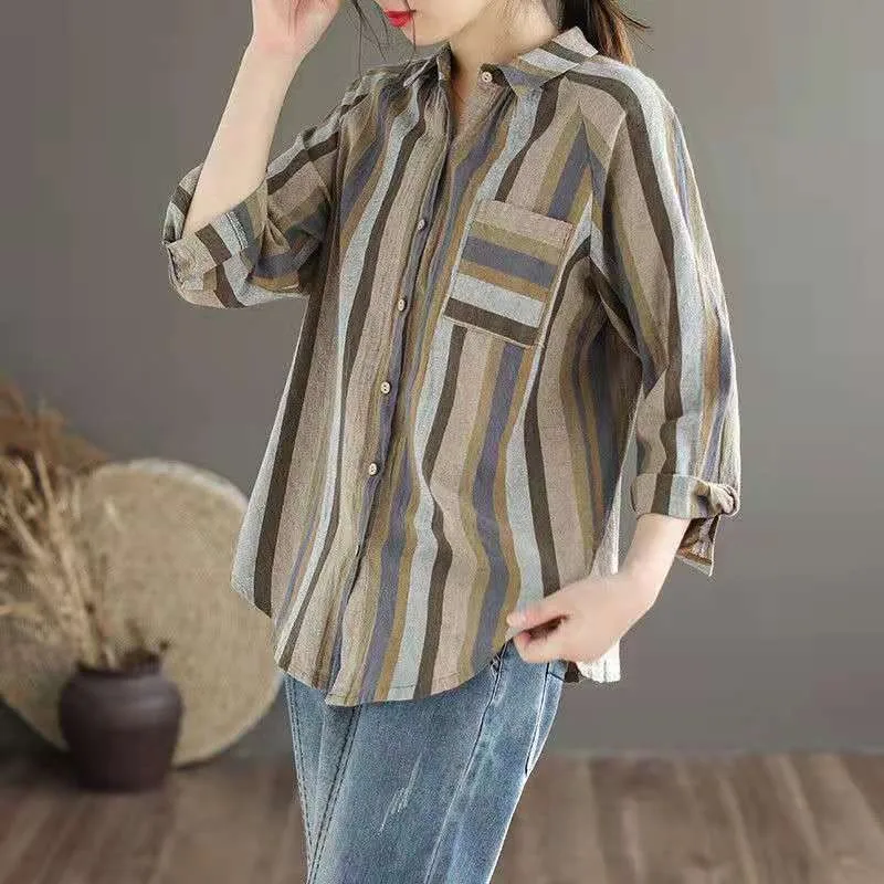Женская хлопковая рубашка с длинным рукавом, в полоску, с отложным воротником от AliExpress WW