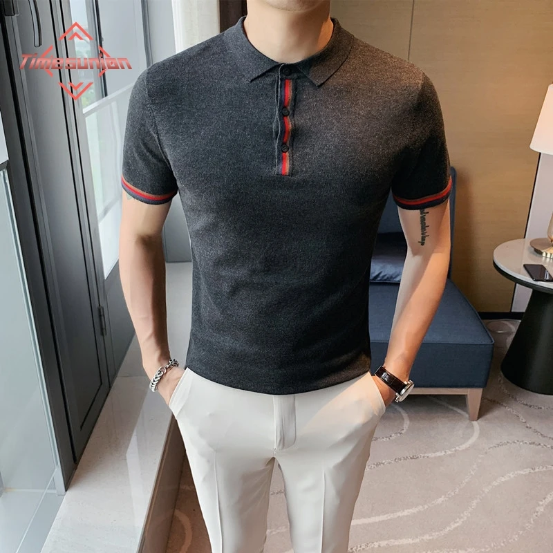 

Летняя рубашка-поло мужская сплошной цвет полосатый отворот вязаные футболки мужчины черный британский тренд тонкая посадка бизнес повседневная футболка