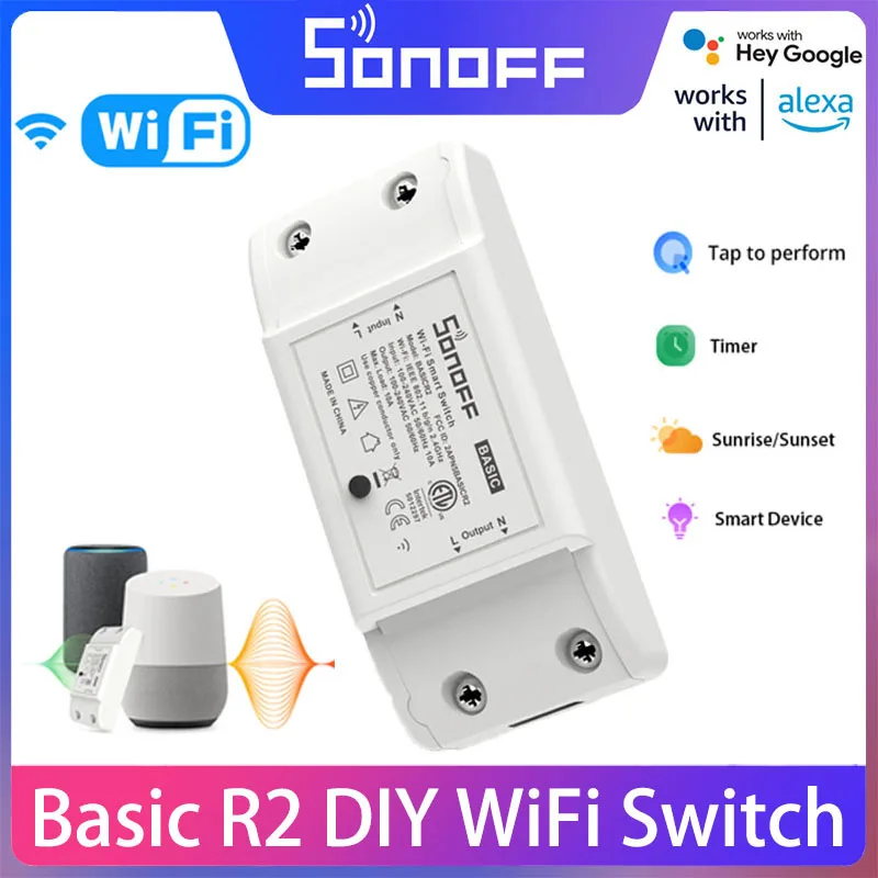 

Модуль переключателя Sonoff Basic R2 Wi-Fi, беспроводной выключатель света с дистанционным управлением, таймер EWeLink, Alexa, Google Home, голосовое управление