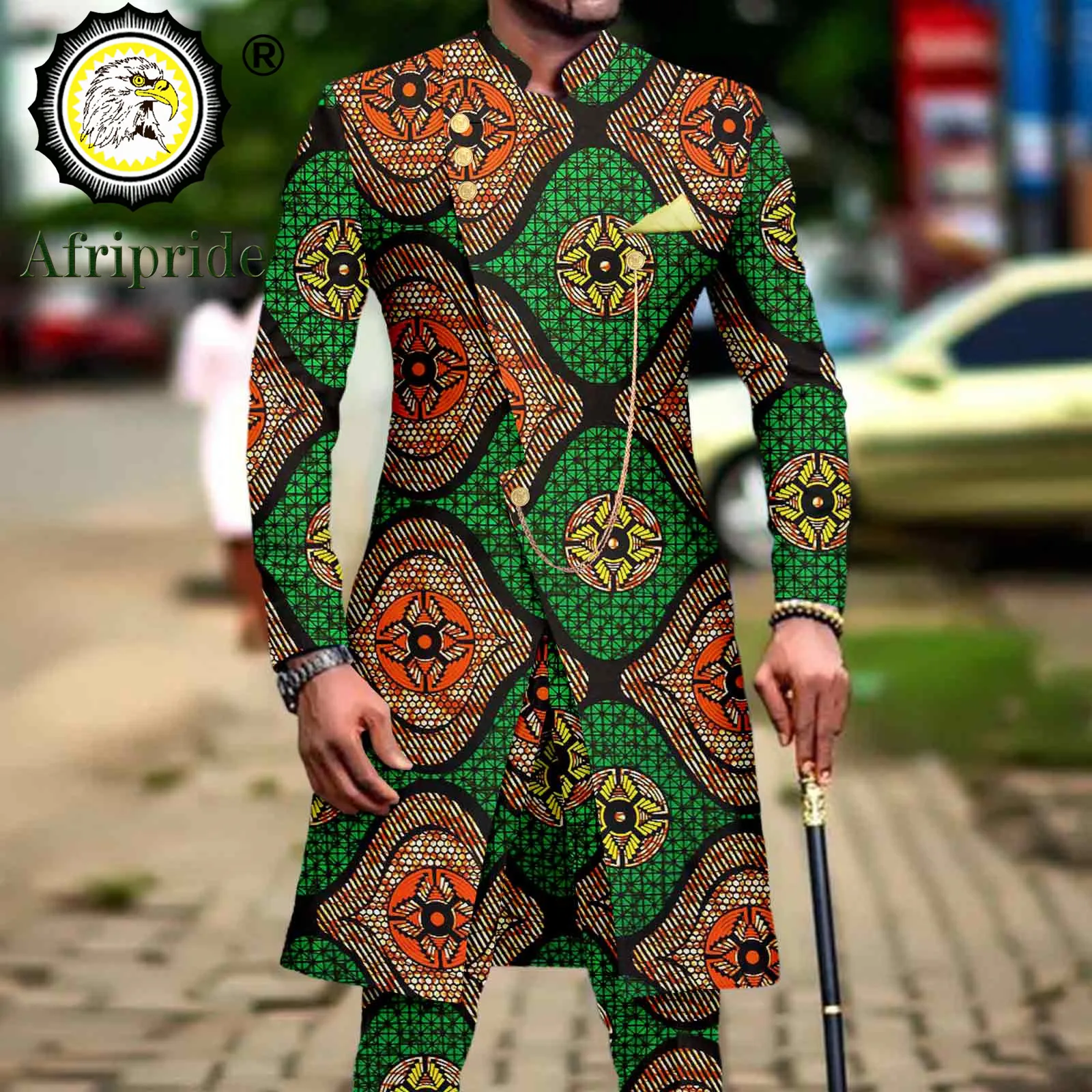 African Suits for Men Dashiki Embroidery Jackets and Print Pants 2 Piece with Kerchief African Clothes Groom Wedding A2216037