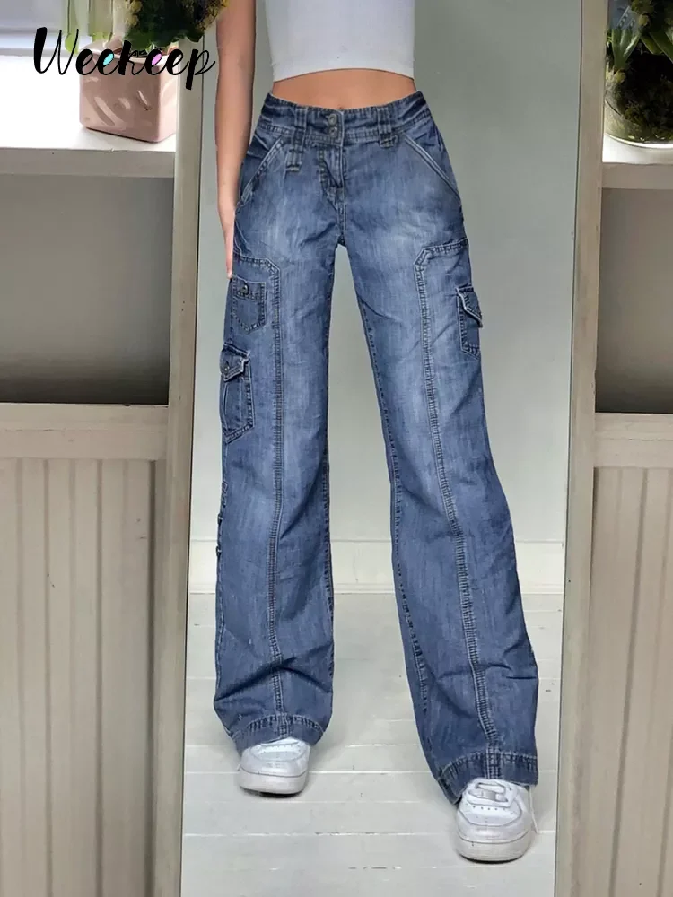 

Weekeep Y2k Jeans Streetwear Women High Waist Jeans Wide Leg Pockets Patchwork Baggy Cargo Pants Vintage Denim Capris Fairycore