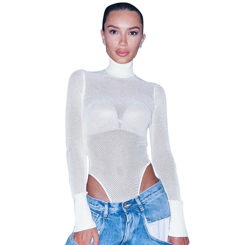 

European And American Women's Summer New Solid Color Mesh Patchwork High Neck Long Sleeved Jumpsuit Top T-shirt
