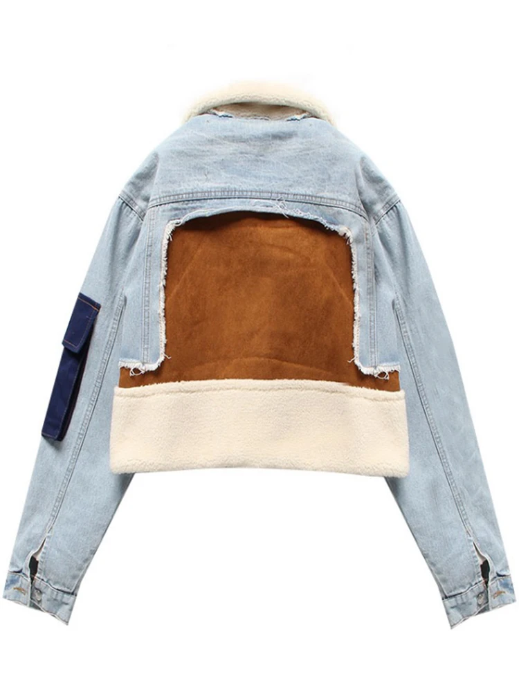 ZADORIN 2023 Winter Cropped Faux Wool Fur Jacket Women Patchwork Hit Color Motorcycle Denim Jacket With Woolen Inner Fur Coats