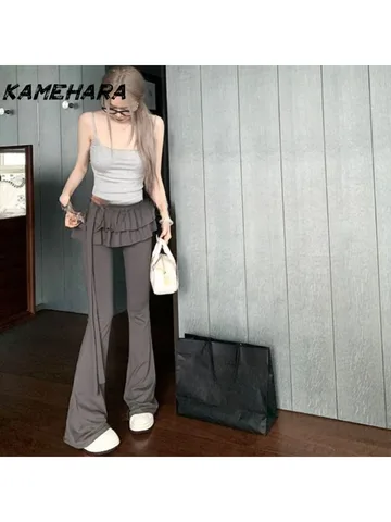 KAMEHARA японская мягкая юбка из двух частей с тортом для девочек, женские брюки в стиле Харадзюку Y2k, сексуальные облегающие слегка расклешенные широкие брюки
