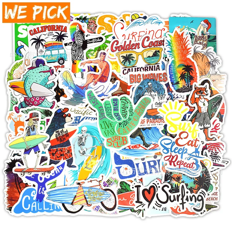 

50 PCS Outdoor Surfing Stickers Summer Sports Tropical Beach Surfing Waterproof Stickers to DIY Surfboard Car Skateboard Sticker