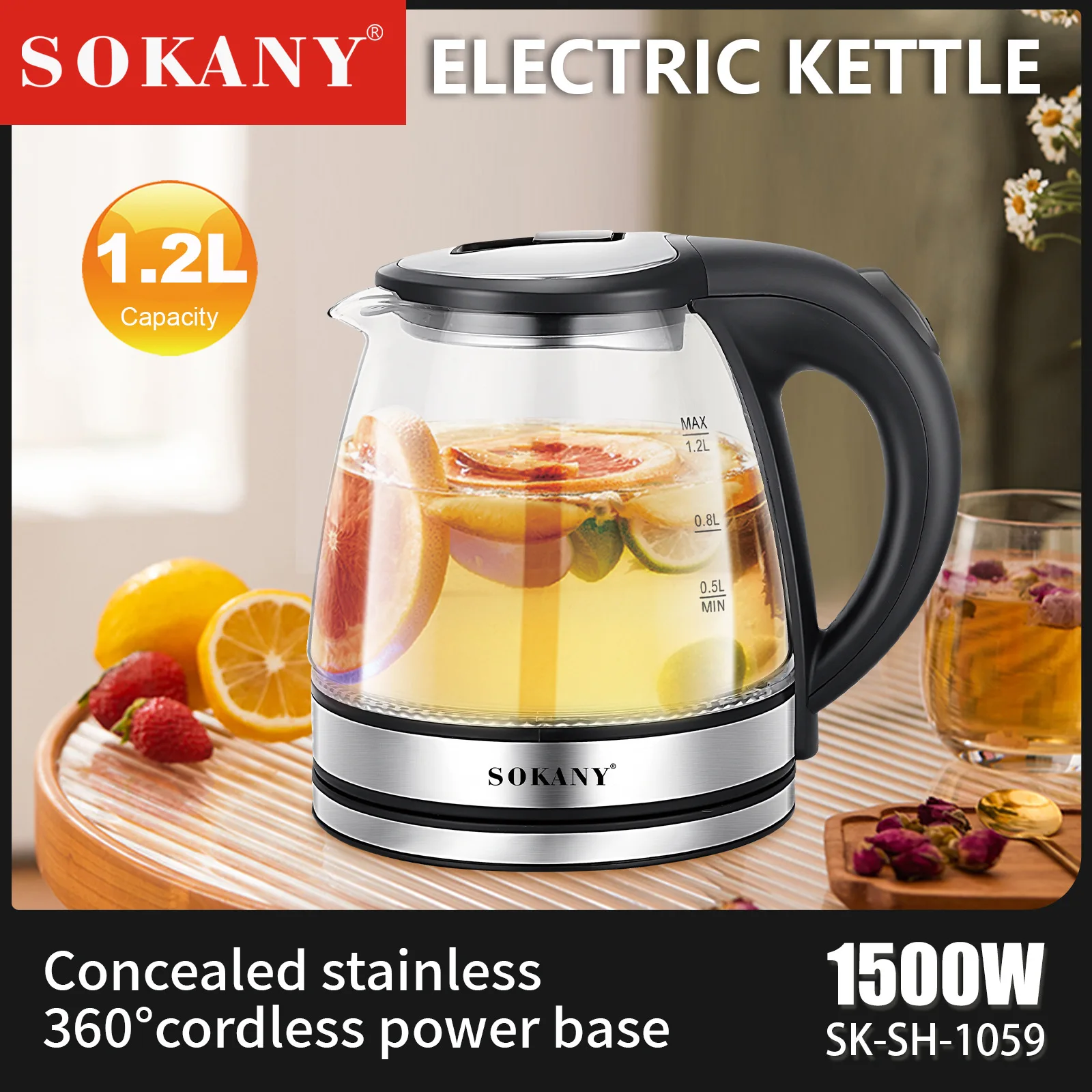 

SOKANY 1.2L Mini Electric Kettle Tea Coffee Stainless Steel 1500W Portable Travel Water Boiler Pot for Hotel Family Trip