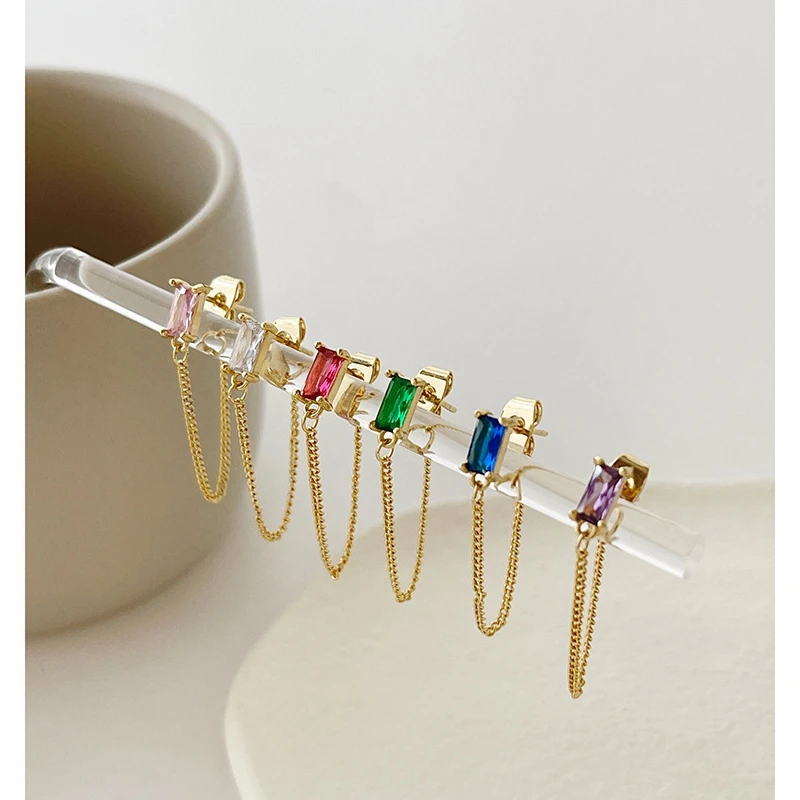 

ALLNEWME Delicate Multicolor CZ Zircon Long Tassel Earring for Women Rainbow Square Chunky Chain Drop Earrings Oorbellen 2021