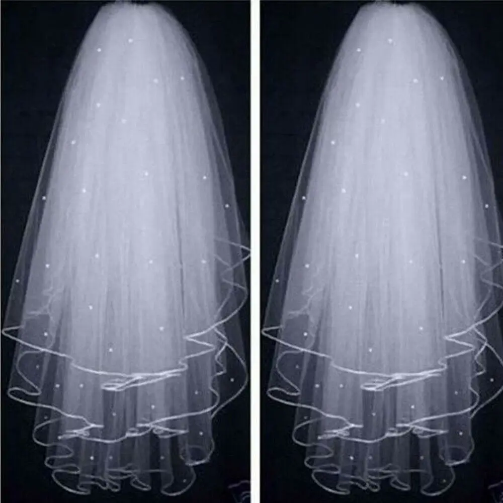 

3 Tier White Ivory Short Wedding Veil with Comb Pearl Fingertip Veil for Bridal 2022