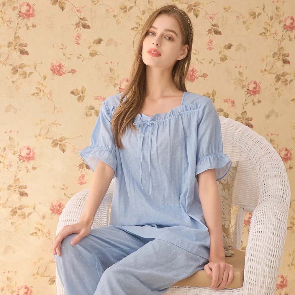 2022 New Summer Double Fiber 100% Cotton Pajamas Sets Women Homewear High Quality Short Sleeve Night Sleep Pants