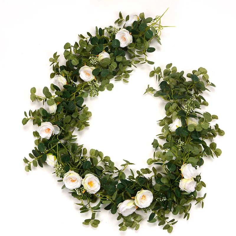 

1.8m Artificial Plant Flowers Eucalyptus Garland With White Roses Greenery Leaves For Wedding Backdrop Party Wall Table Decor