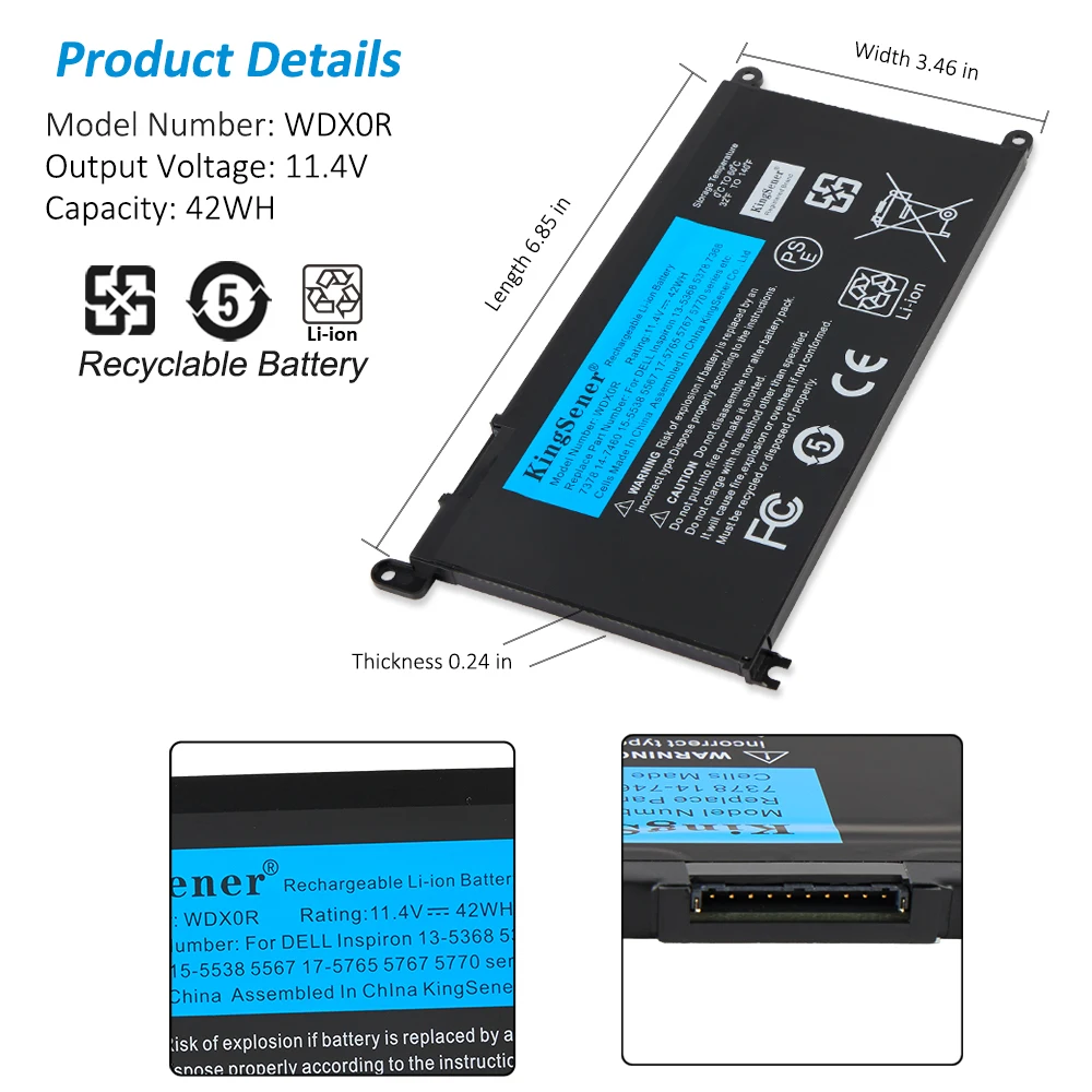 Аккумулятор KingSener WDXOR для ноутбука DELL Inspiron 14 5368 5567 7560 5767 7472 7460-d1525s 7368 7378 5565 Latitude 3488