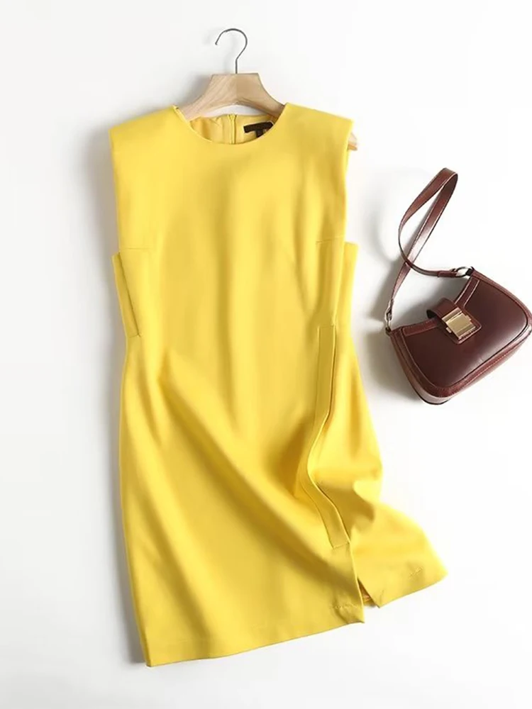 YENKYE Women 2022 High Quality Yellow Sleeveless Dress O Neck Elegant Female Slim Mini Dress