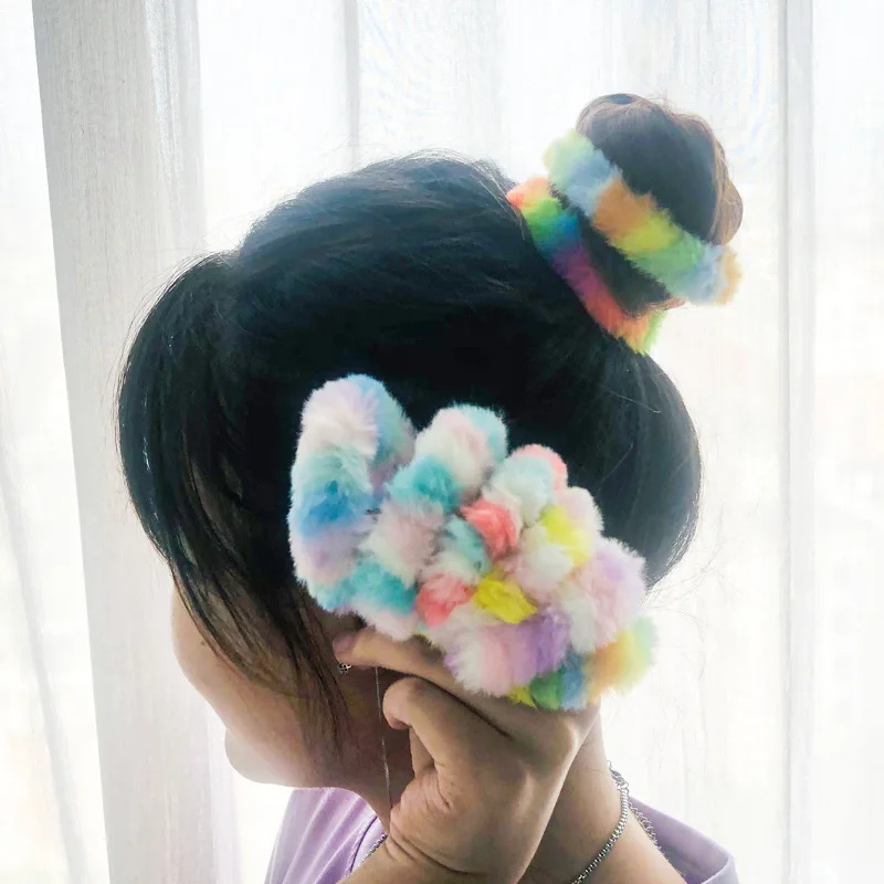 

5pcs/lot Colorful Rainbow Plush Scrunchies Tie-dyed Elastic Ponytail Holder Hair Rubber Band Sweet Fluffy Hair Elastics Women He