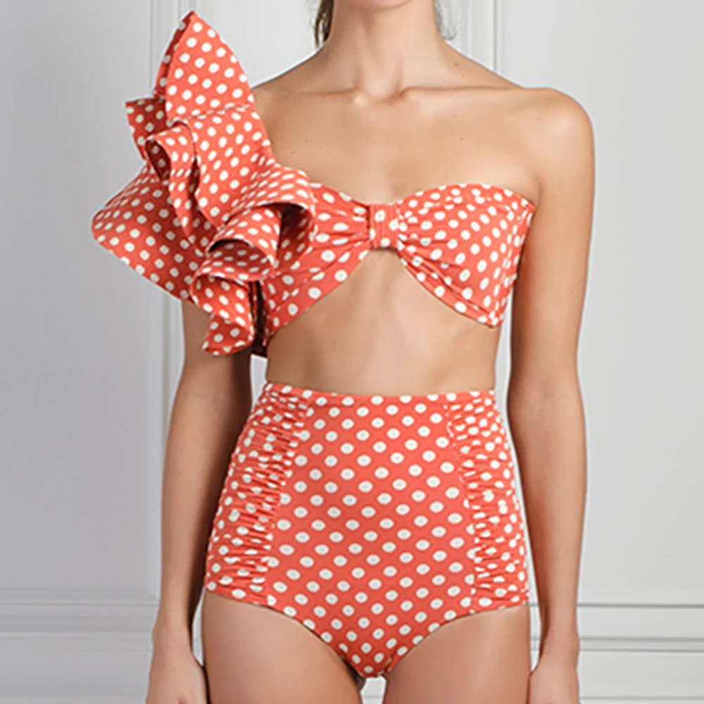 

Orange Polka Dot Print Bikini Three-Dimensional Pleated Ruffle Design Swimsuit Tube Top Elegant Hollow Split Swimwear 2023