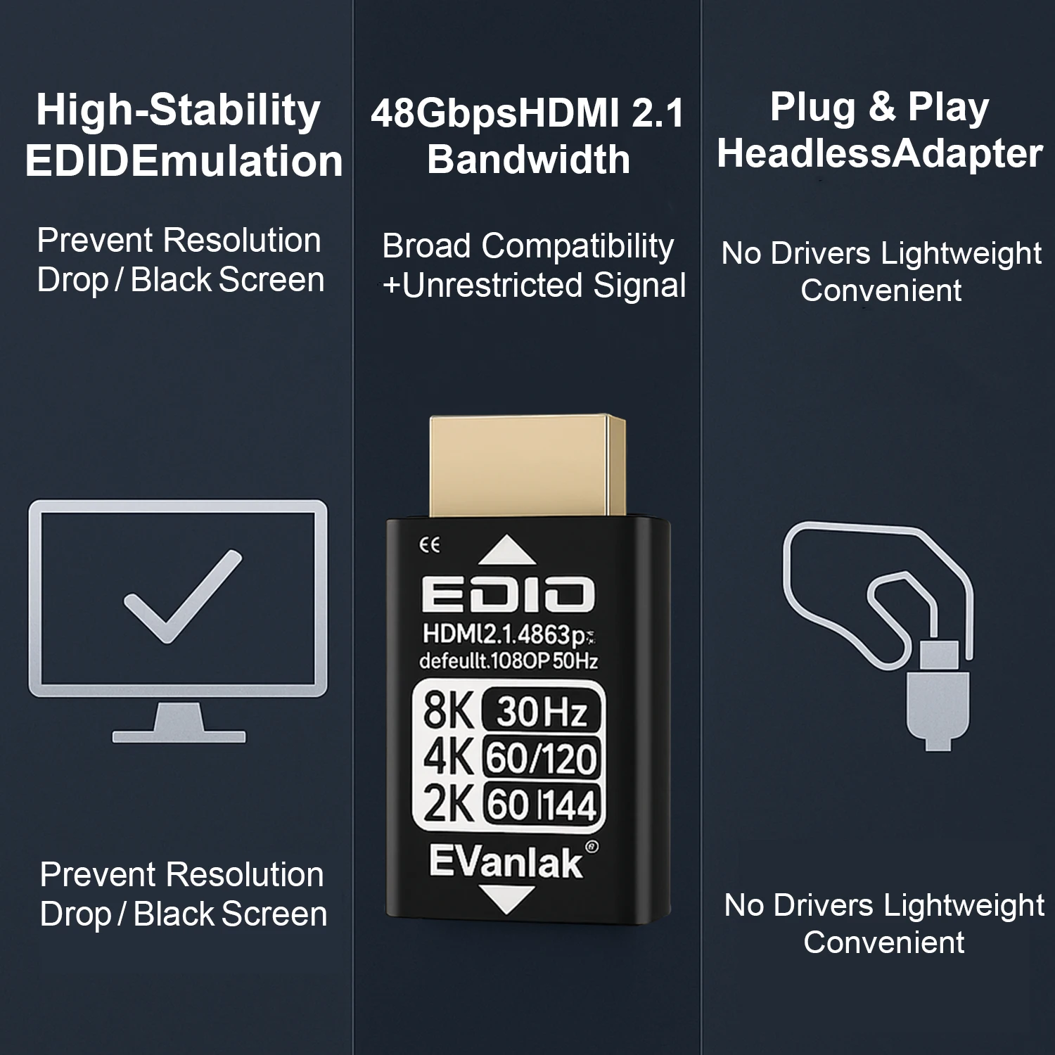 Фото Эмулятор HDMI, 4K EDID-эмулятор, адаптер для безмониторного режима, двунаправленный HDMI 2.1, поддержка 8K/30Гц, 4K/120Гц, 1440P/144Гц №5