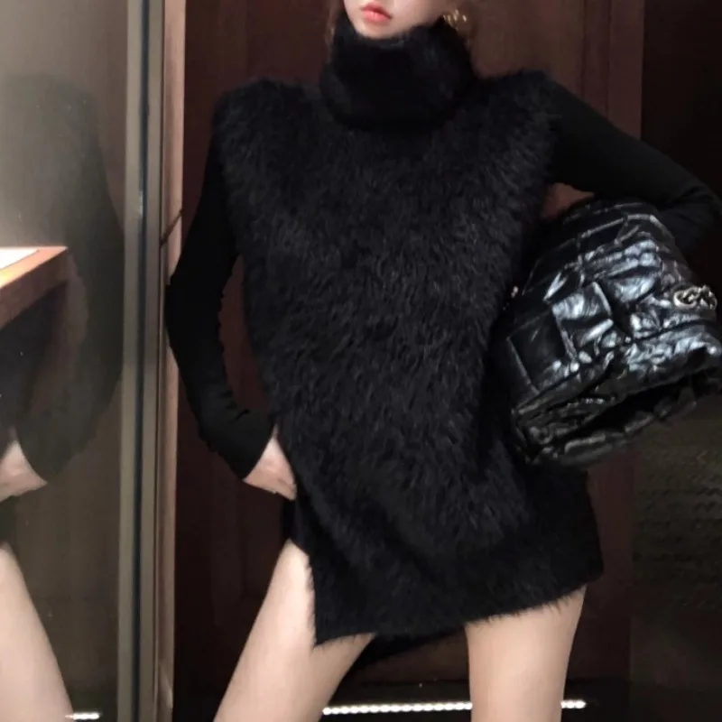 Норковый кашемировый свободный свитер без рукавов с высоким воротником женский