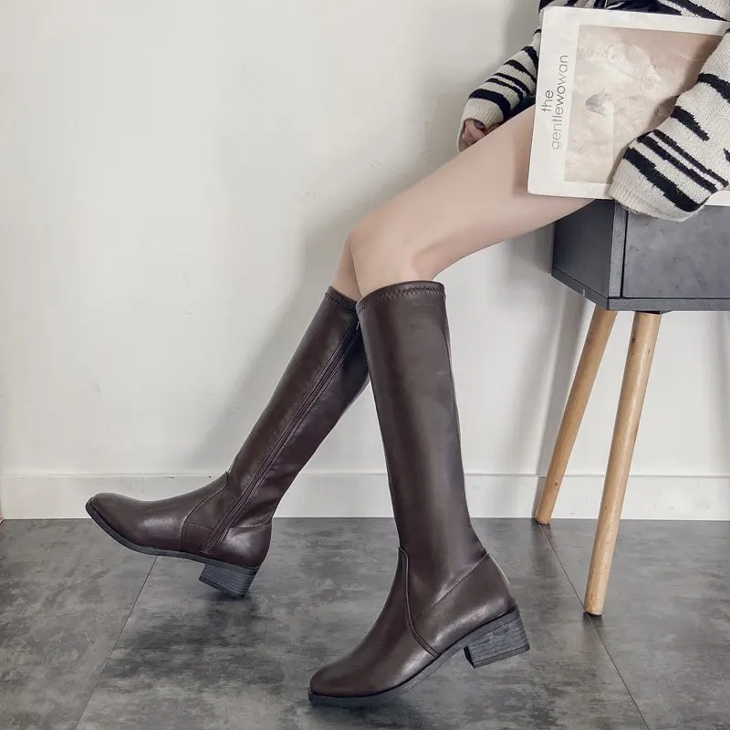 Women's Boots Women's Autumn and Winter 2021 New High-top Knight Boots Low-heel Square Toe Boots Thick-heeled Women's Shoes