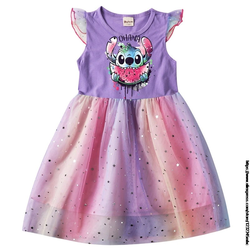 Летнее платье для девочек стиль Лило и Ститч лоскутного шитья радуга мультяшное