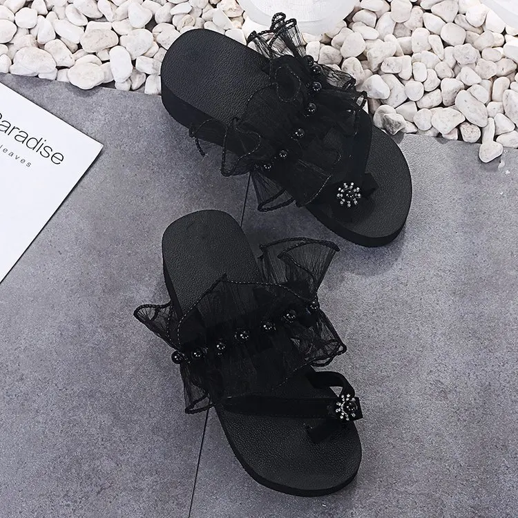 

Summer Women Sandals Shiny Diamond Crystals Handmade Pearls Sandal Bohemia Slippers Wedges Platform Flip Flops Women