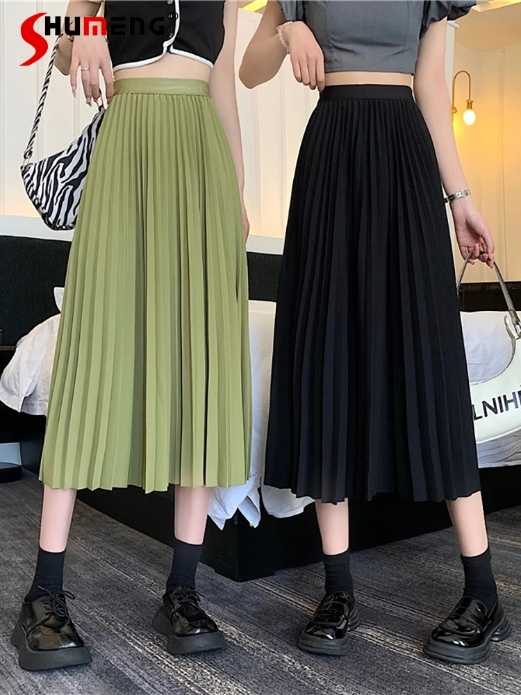 

Draping Fairy Kawaii Green Pleated Skirt Spring 2022 New Fashion Pink High Waist A- Line Midi Skirts Students Female Ins Faldas