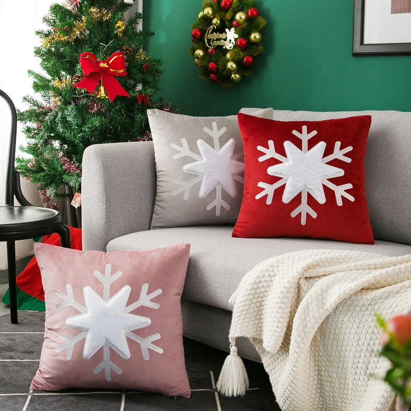 

Christmas Decoration Red Pink Grey Cushion Cover 45x45cm Snowflake Home Sofa Pillow Case Velvet Square Embroidery Pillow Cover