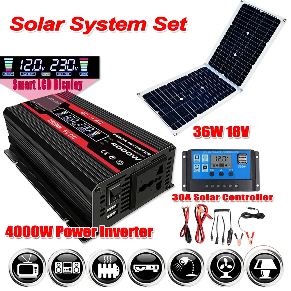 

От 12 В до 110 В/220 В, мощность солнечной системы, инверторный набор 4000 Вт, инвертор мощности с ЖК-дисплеем + 36 Вт/18 в, солнечная панель + контроллер 30 А