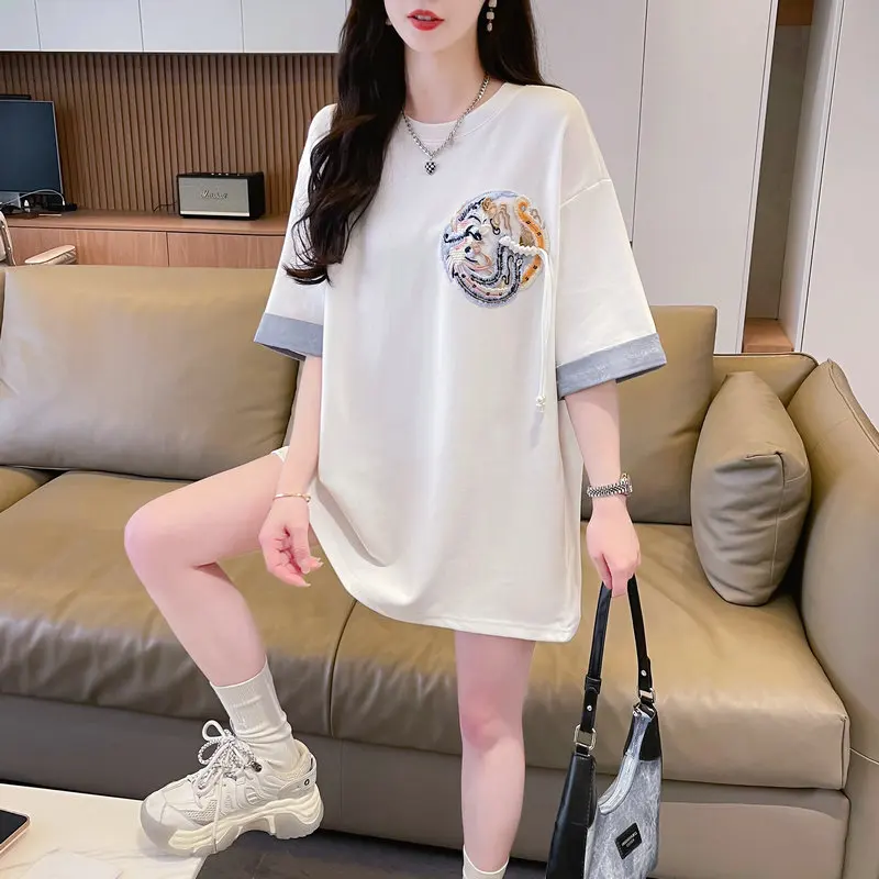 #0662 черно-белая винтажная длинная футболка Женская свободная хлопковая с