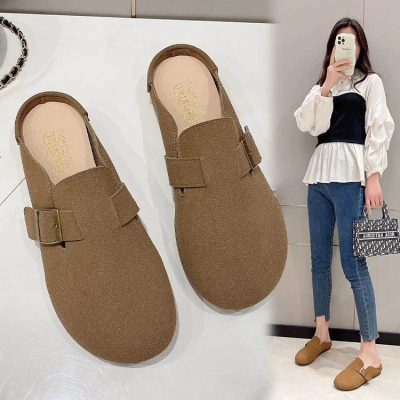 

2023 Leather round-headed slippers lovers slippers women outdoor casual sandals women suede sandals