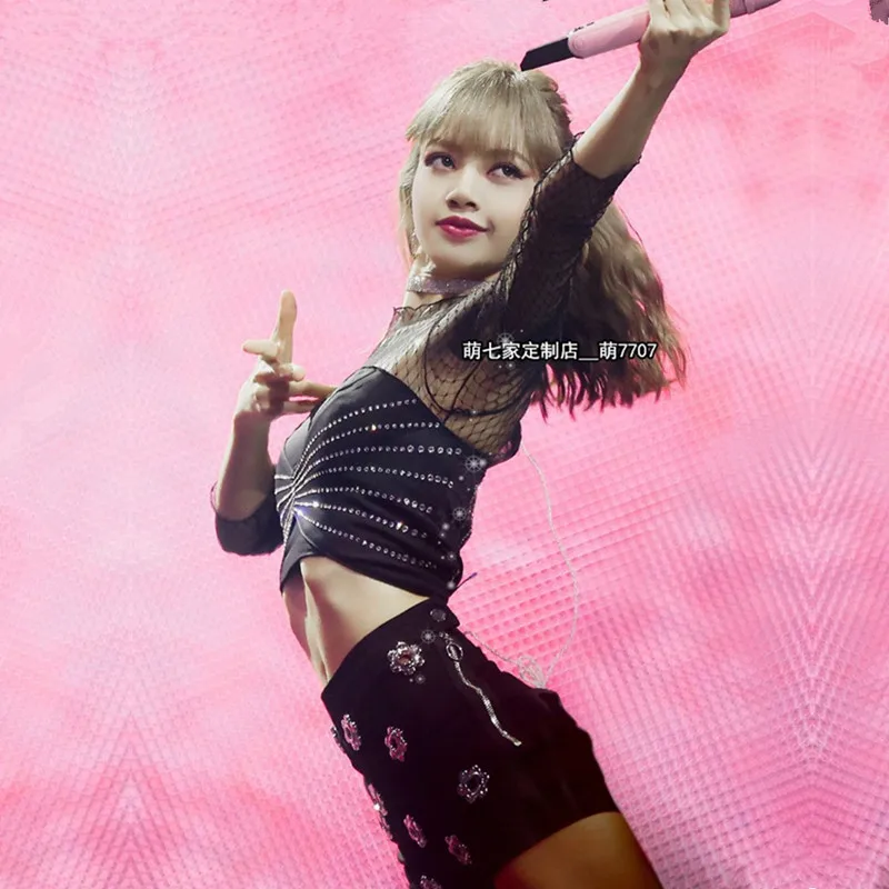 

Kpop LISA Women Jazz Dancer Outfit Concert Sexy Vest Mesh T shirts Tops Stage Costume Hip Hop Slim Shorts Dancewear Rave Wear