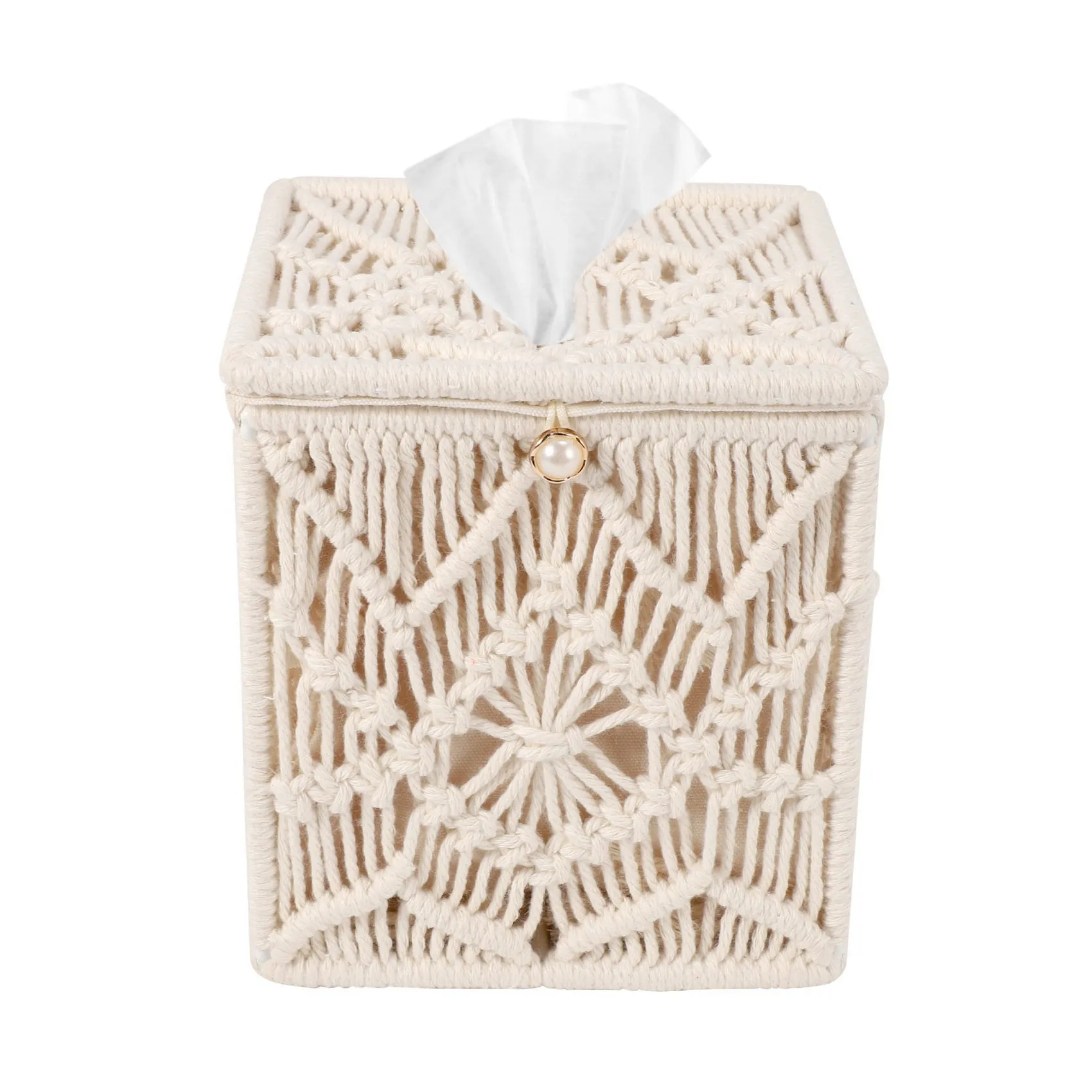 

Tissue Box Cover Boho Decor Square Paper Tissue Holder with Bead Buckle Macrame Napkin Tissues Organizer Home Decor
