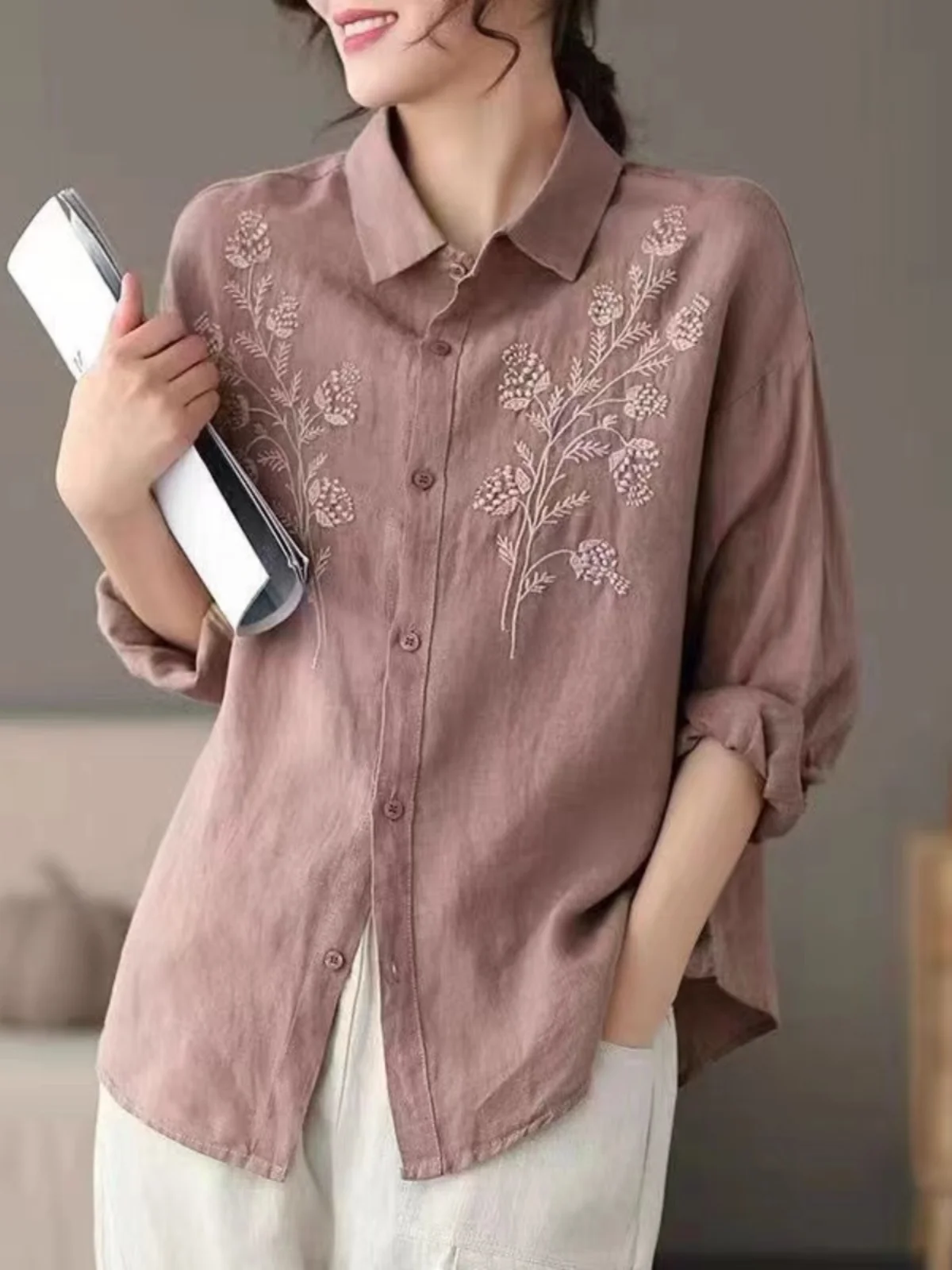 Рубашка из хлопка и льна с вышивкой длиной до рукавов Женская одежда Большие