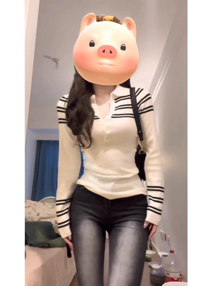 Женский бежевый полосатый пуловер свитер в стиле Харадзюку корейский Y2k с