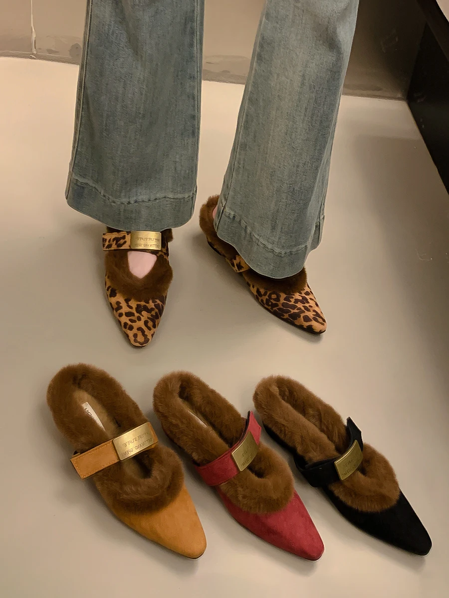 Леопардовая обувь зимние женские тапочки шлепанцы с меховыми шлепанцами