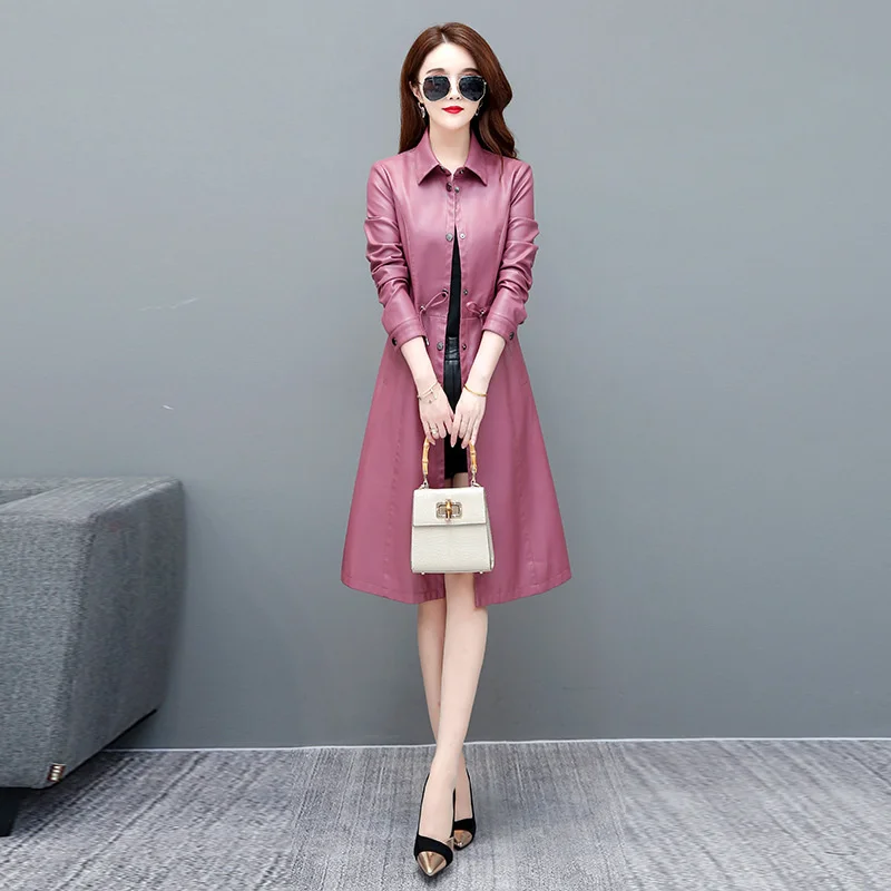 

100% genuine real Korean Fashion Genuine Sheepskin Leather Large Women's 2023 Autumn Dress New Slim Casual Mid length Windbreake