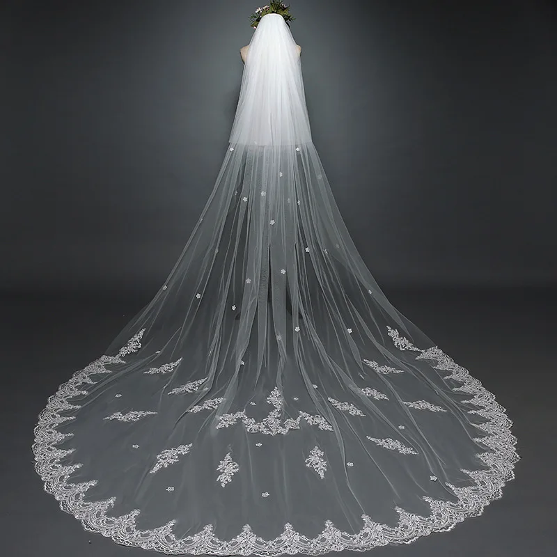 

2022 New Arrivals Cathedral Veil Bridal Veils Lace Edge Appliqued Tailing Two-Layer Adult Metal Hair Comb Pure White Women