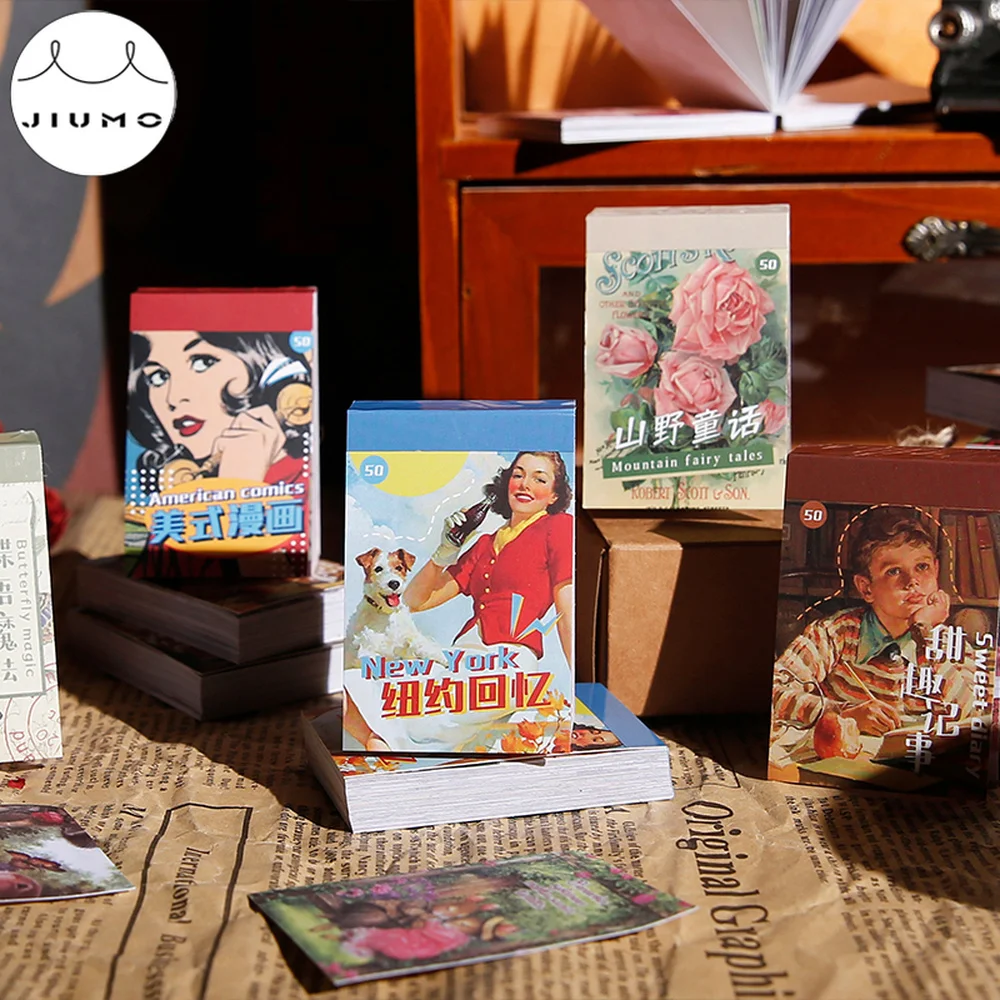 

JIUMO 6 Styles 50pcs/book Retro Adzuki Bean Stickers Creative American Hand Account Material Stickers Decorative Stickers