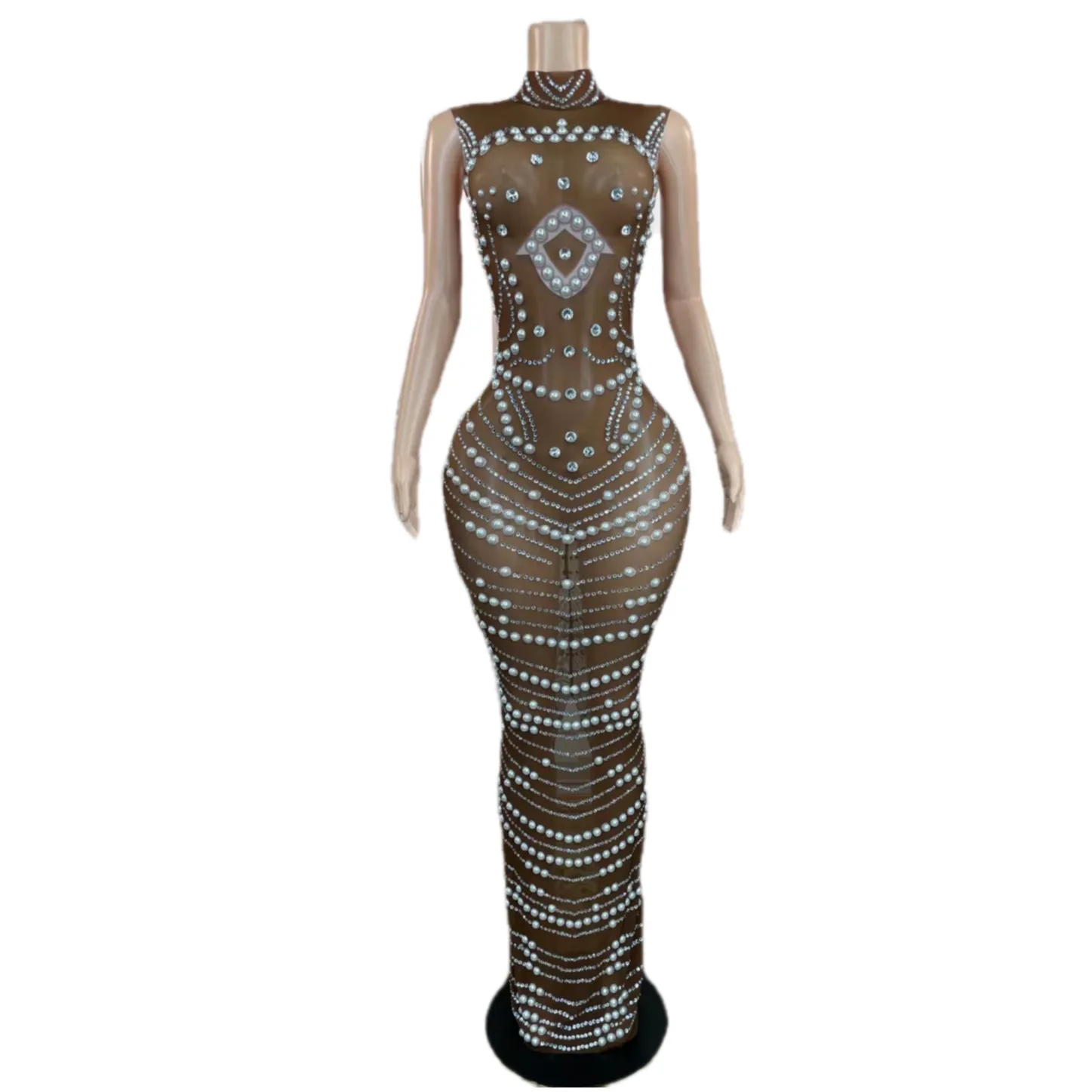 

Gauze Perspective Shining Pearls Rhinestones Sexy Sleeveless Long Dress For Women Evening Celebrity Clothing Ballroom Costumes