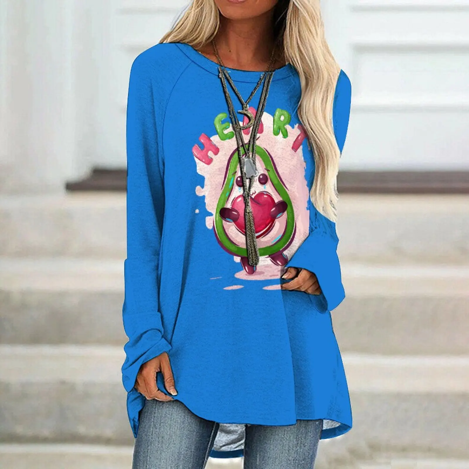

Women's Loose Round Neck Casual Long Sleeves Plus Size Shirts Fashion Hot Air Print Shirts Loose Solid Color Ladies T Shirts