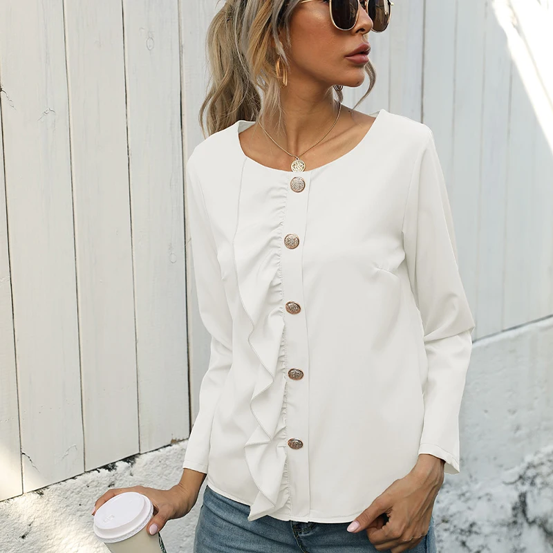 

EAEOVNI Summer Women's Ruffled Blouse Fashion Top Sexy Long Sleeve T-Shirt Elegant Casual Round Neck Button-Up Shirt