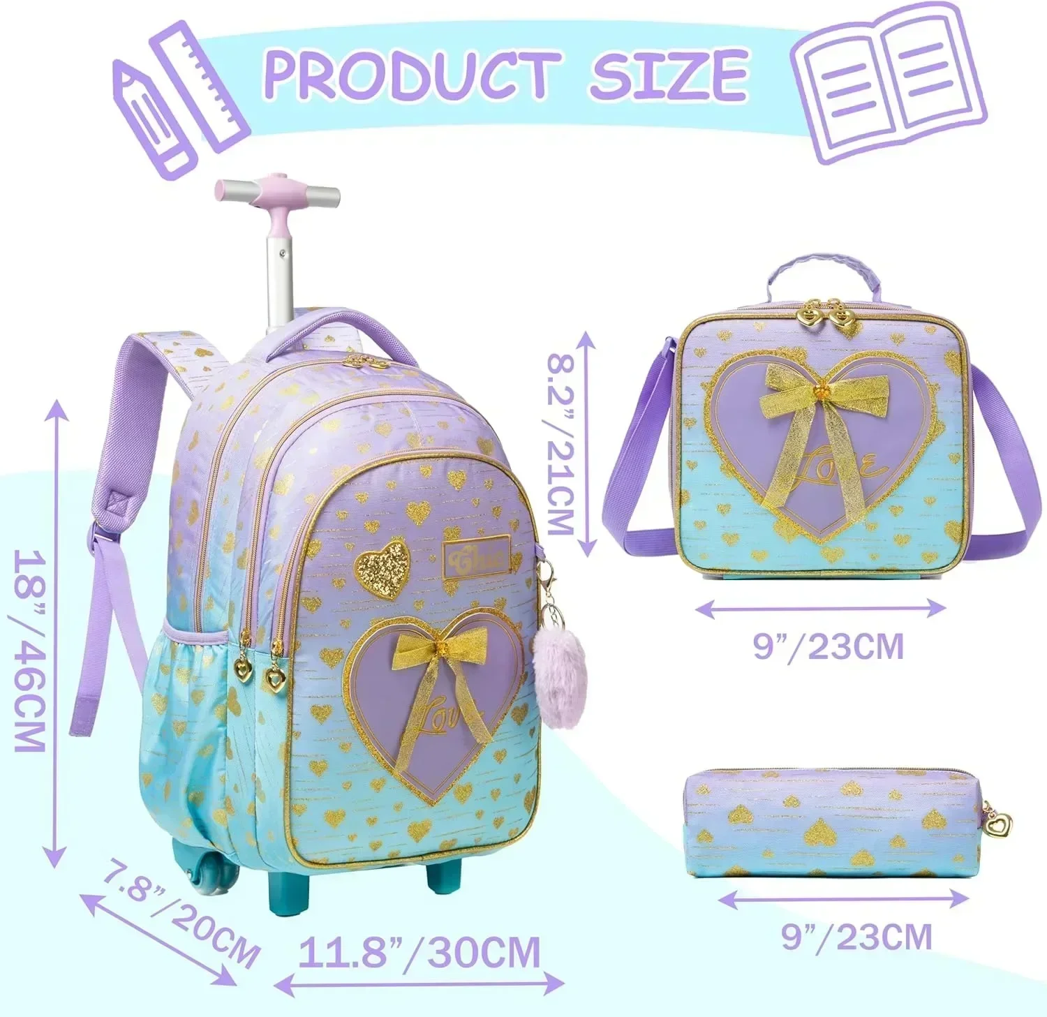 18-дюймовые школьные сумки на колесиках для девочек детский дорожный рюкзак набор