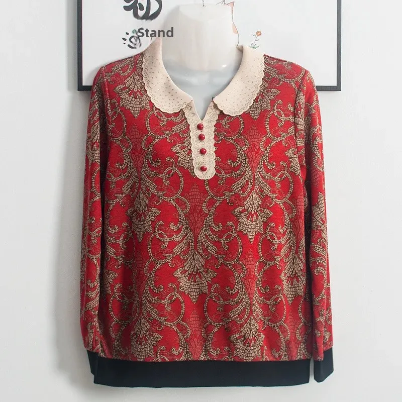 Women's Long Sleeve T-Shirt Plus Size Loose Fit Slimming Lapel Top Middle-Aged And Elderly Fashionable Round Neck Base Shirt