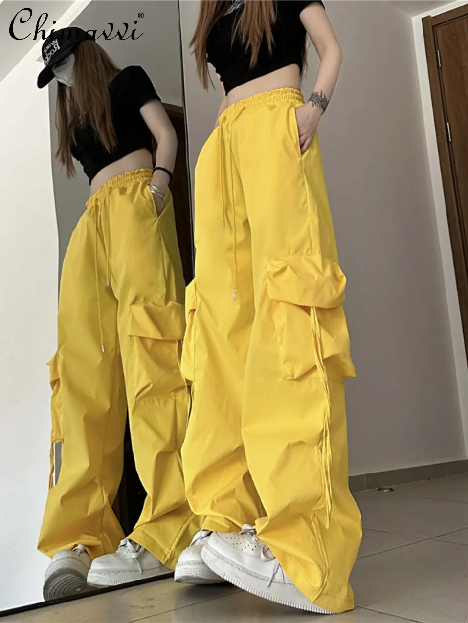 

Женские комбинезоны в американском стиле ретро, летняя одежда 2023, прямые широкие брюки с высокой талией, Свободные Мешковатые повседневные брюки с переливающимися штанинами